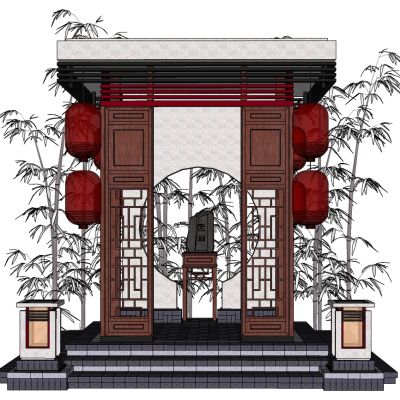 中式实木花格窗格红灯笼大门入口