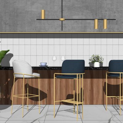 现代北欧轻奢吧台桌吧台椅吊灯盆栽摆件