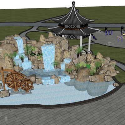 公园景观，假山水池，水车，亭子，广场