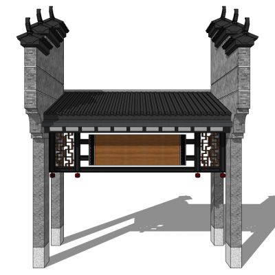 徽派建築中式四合院入戶大門門頭門樓su模型