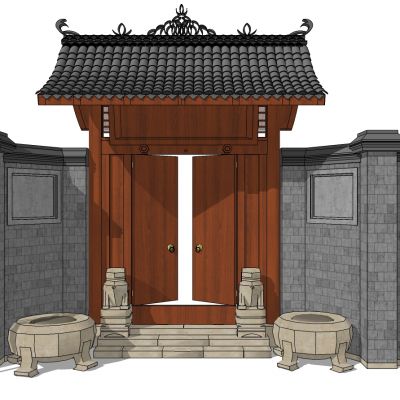 中式四合院入户大门门头门楼灯笼