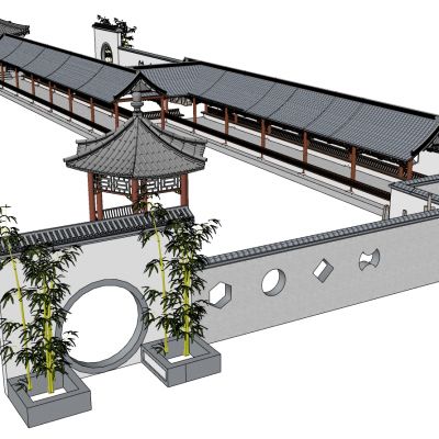 中式古建六角凉亭长廊