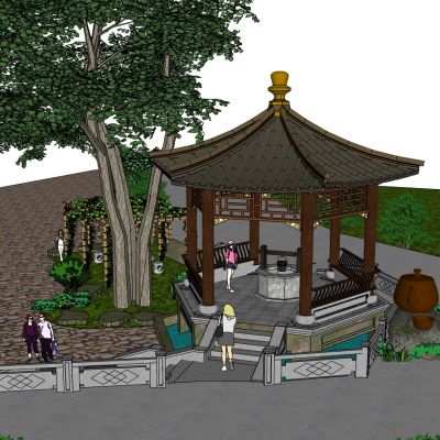 中式古建凉亭六角凉亭古井玉石栏杆树廊架