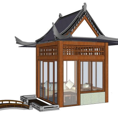 中式日式古建凉亭小木桥