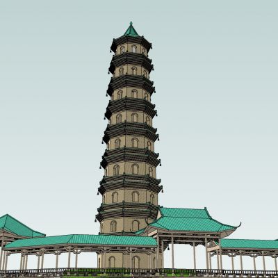 中式古建宝塔佛塔古建凉亭长廊