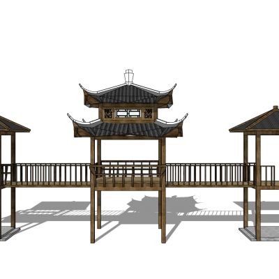 中式古建凉亭连廊桥