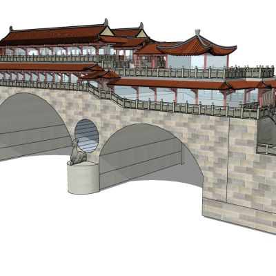 中式古建凉亭连廊桥门楼