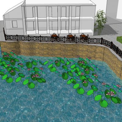 中式木质护栏围栏水池水系荷花