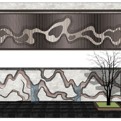 新中式抽象假山形状山脉格栅背景墙水景观