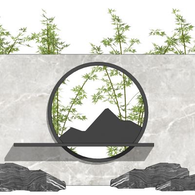 新中式新亚洲假山石头背景墙竹子景观