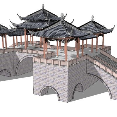 中式古建凉亭连廊桥门楼