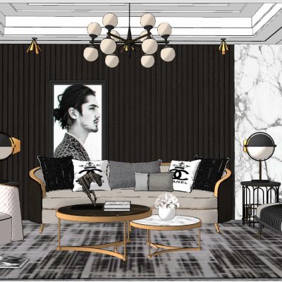 后现代港式轻奢后现代客厅SU模型