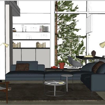 后现代简约港式北欧别墅客厅SU模型