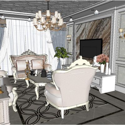 简欧式美式法式田园地中海客厅SU模型
