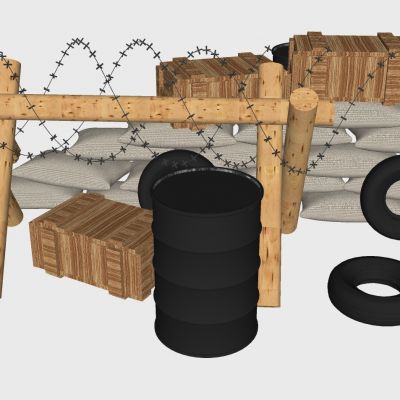 现代军事木桩铁丝麻袋防御工事油桶木箱子木桩子