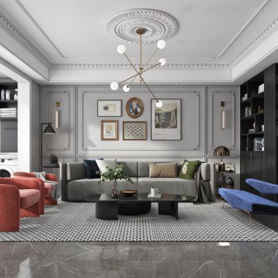 现代轻奢美式客厅餐厅，沙发，餐桌，电视柜，吊灯，装饰画