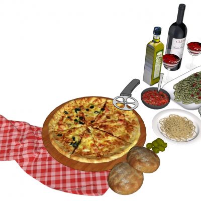 西餐食物红酒披萨面包酒瓶子陶瓷盘子