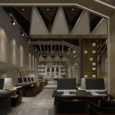 现代网吧 现代网咖 电脑 前台 电脑桌 电脑椅 吊灯 隔断 绿植 绿植墙 筒灯 饰品摆件