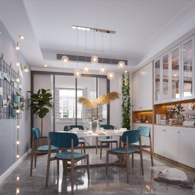 现代北欧轻奢后现代风格餐厅厨房