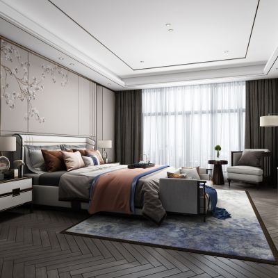 新中式卧室，床，电视柜，窗帘