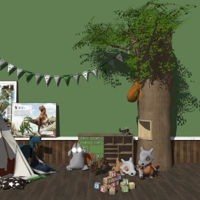 儿童玩具假树帐篷书柜积木壁画组合