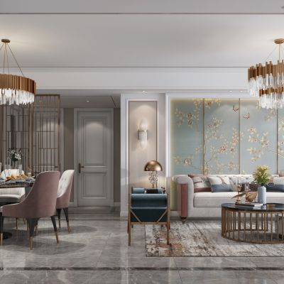 现代轻奢美式轻奢客厅餐厅，沙发，餐桌，电视柜，吊灯，装饰画