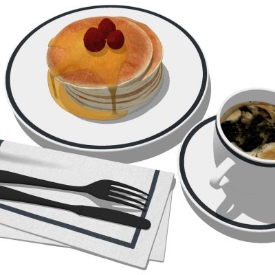 盘子叉子咖啡杯盘子刀叉早点SU模型