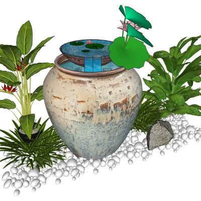 中式日式陶罐水景植物