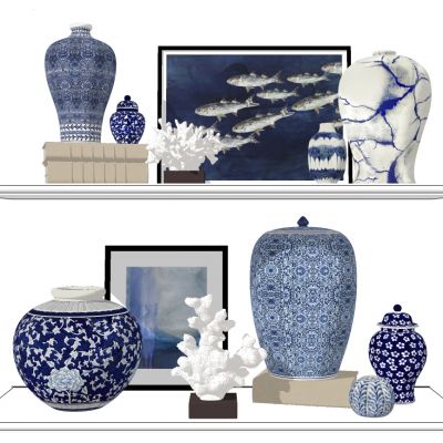 中式青花瓷瓶珊瑚将军罐摆件古董