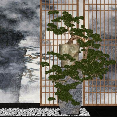 中式盆景迎客松盆栽鹅卵石摆台