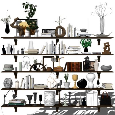 现代书架隔板摆件饰品根雕花瓶