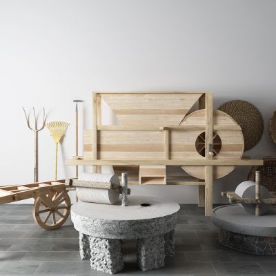 现代农具 风车 稻谷 石磨 竹筐