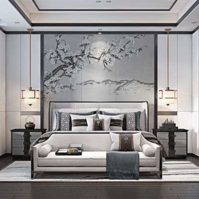 现代新中式卧室 床头背景 床头凳 床头柜 衣柜 台灯