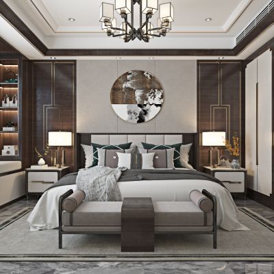 现代新中式卧室 床头背景 床头凳 床头柜 衣柜 台灯