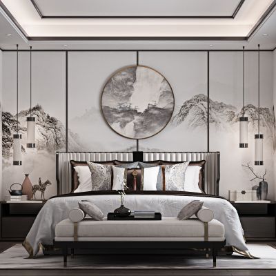 现代新中式卧室 床头背景 床头凳 床头柜 衣柜 台灯