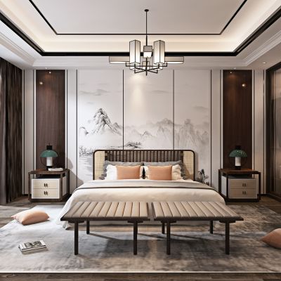 现代新中式卧室 床头背景 床头凳 床头柜 衣柜 台灯3D模型