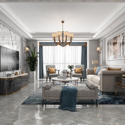 美式轻奢客厅餐厅，沙发，餐桌，电视柜，吊灯，装饰画!