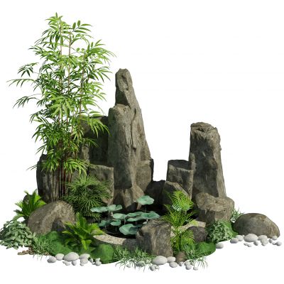 新中式假山叠石 跌水景观 假山石头3D模型