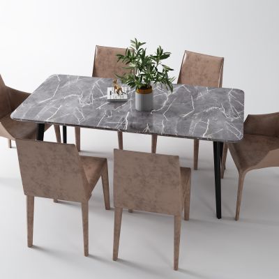 现代岩板餐桌 皮革椅