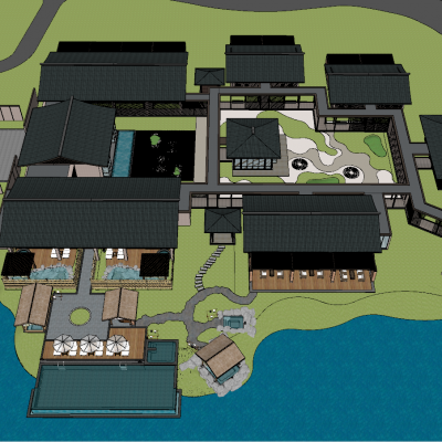 中式温泉区整体模型 温泉SPA度假区