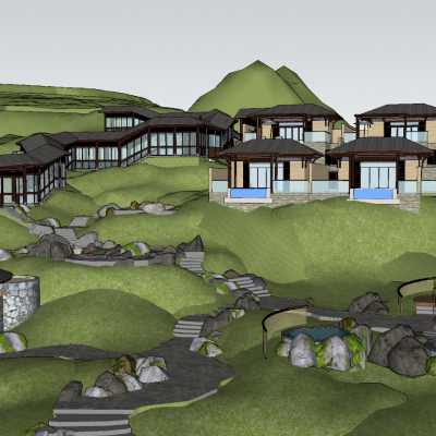 中式温泉区整体模型 温泉SPA度假区