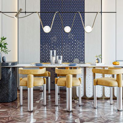 现代大理石方形餐桌椅组合