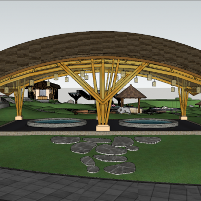 中式温泉区整体模型 温泉SPA度假区