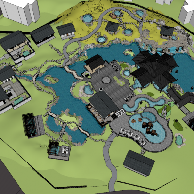 中式温泉区整体模型 温泉SPA度假区