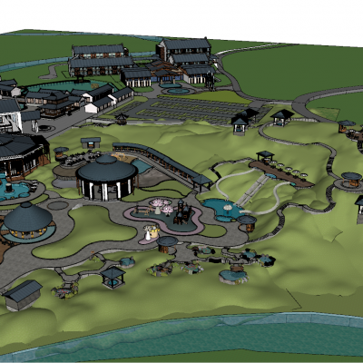 中式温泉区整体模型 温泉SPA度假区