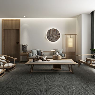  新中式民宿客厅 茶桌椅 沙发茶几 罗汉椅3D模型