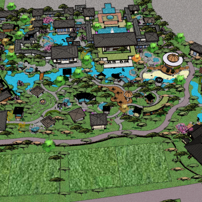 中式温泉度假区酒店SU模型