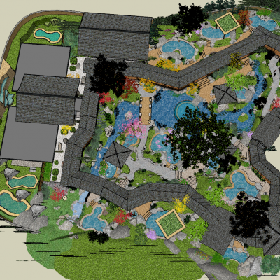 中式温泉度假区酒店SU模型