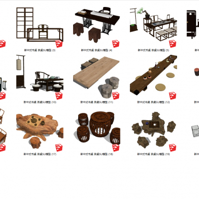 新中式书桌 茶桌SU模型