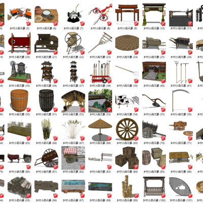 中式乡村田园农具 编织篓 小品 摆件SU模型